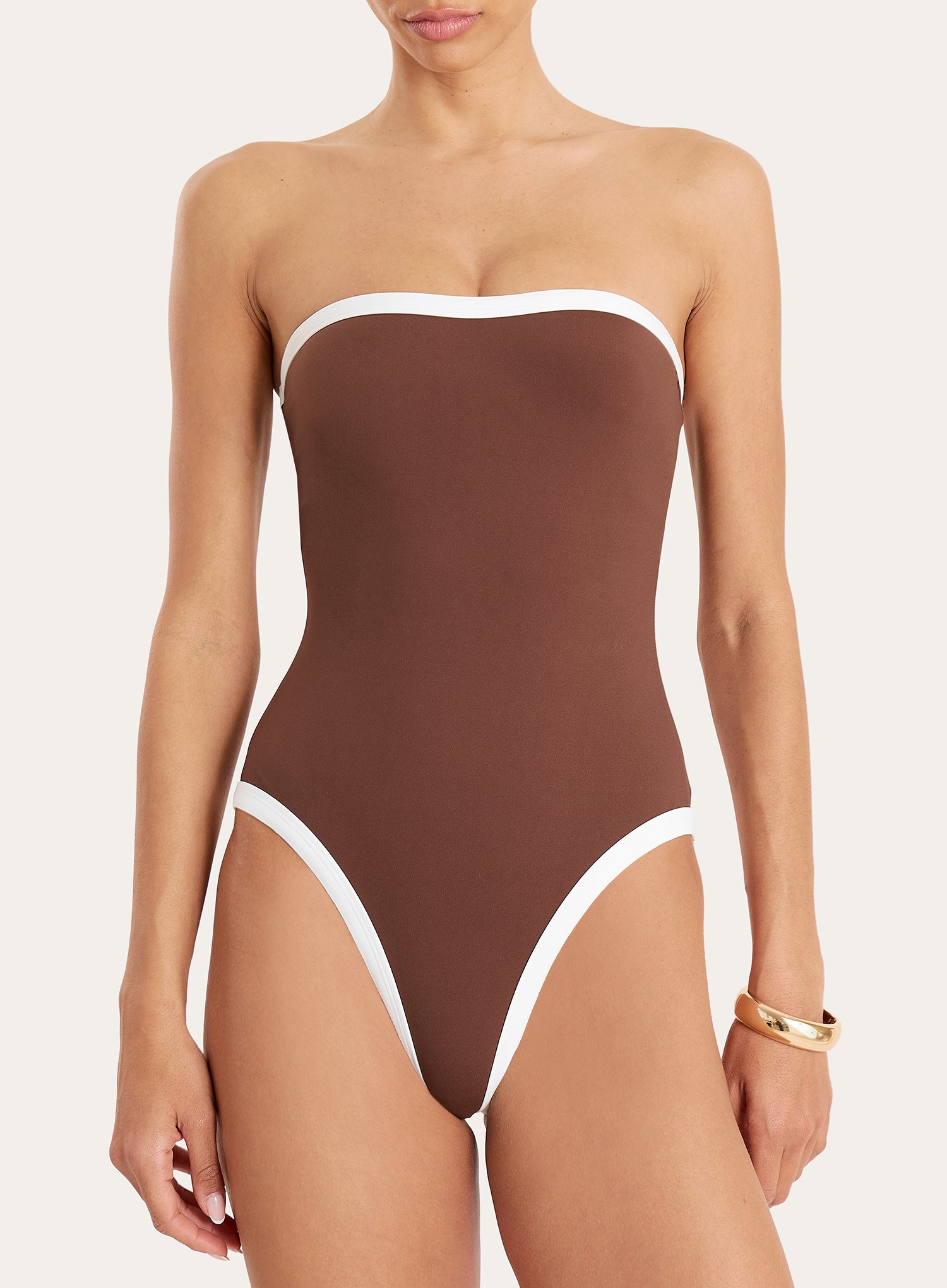 Brown Contrast Trim Bandeau Swimsuit